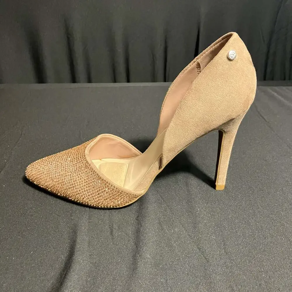 Jones New York Taupe Faux Suede Rhinestone Pointed Toe High Heel Pumps Size 7.5